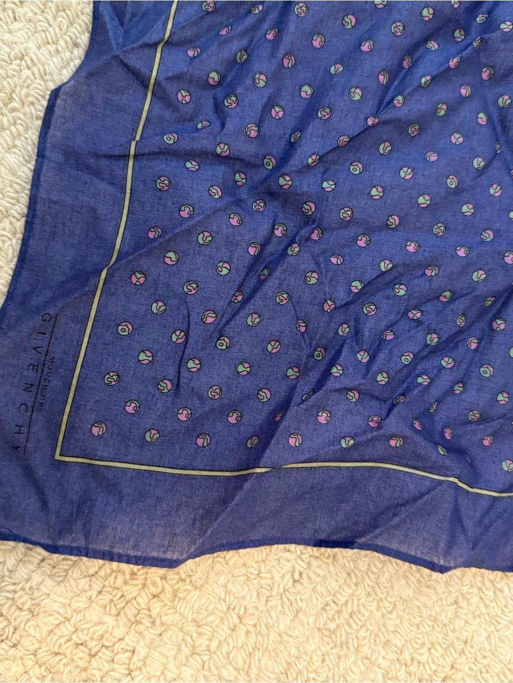Givenchy Blue Cotton Accent Scarf with Pink and Green Dots - Picture 5 of 5